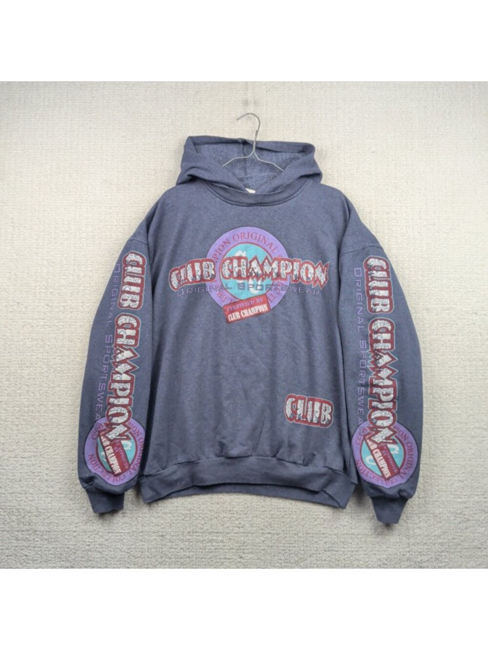 VTG 90s Club Champion Gray Distressed Graphic Hoodie Ski Outdoor Gorpcore Read